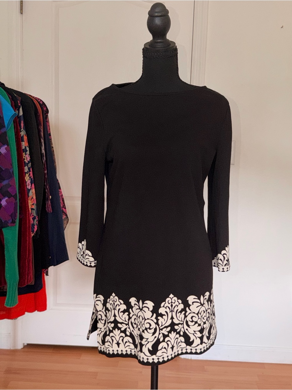 Charter Club Black Tunic Dress with White Floral Border